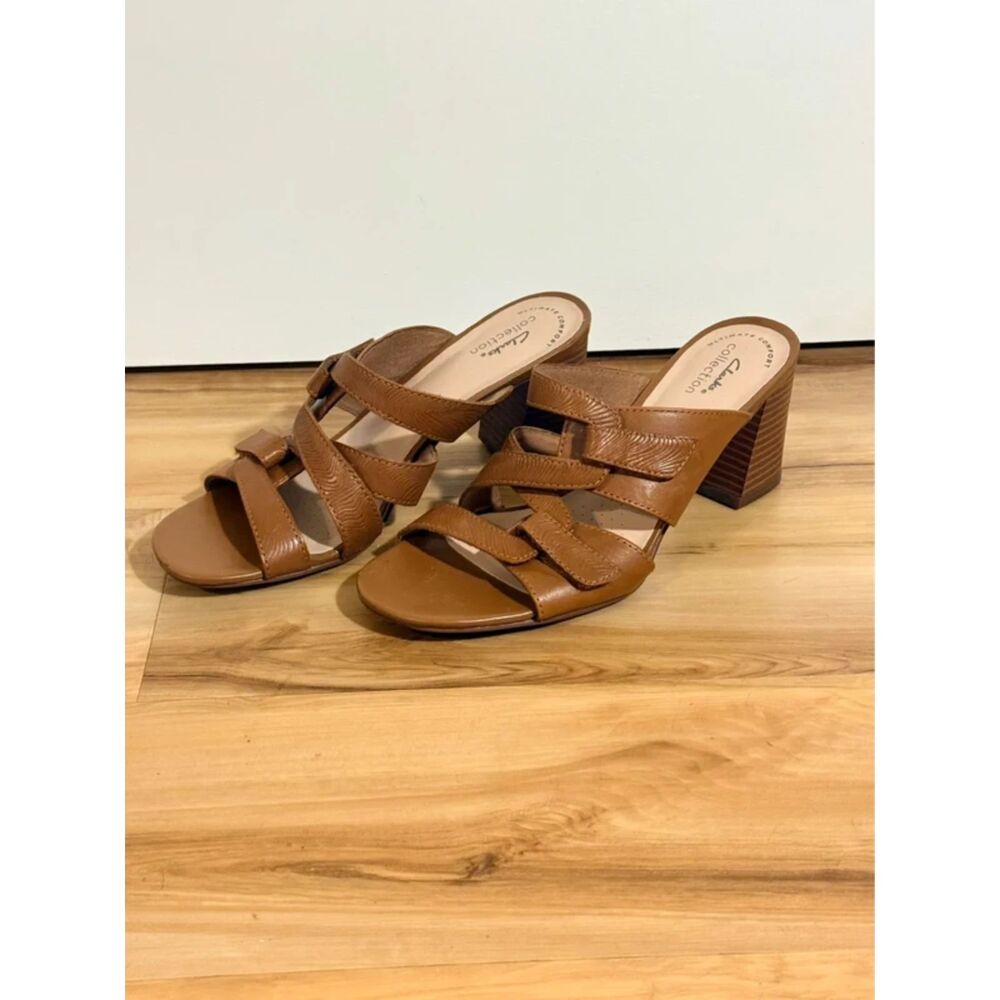 Clarks Collection Tan Strappy Block Heel Sandals Size 7.5